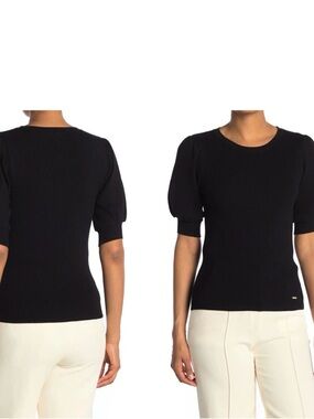Tahari Black Puff-Sleeve Crew Neck Knit Top